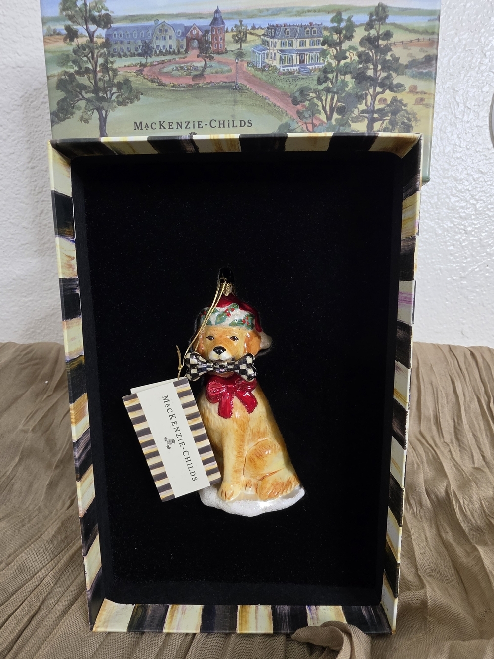 MacKenzie-Childs Golden Retriever Glass Christmas Ornament Courtly Check Boxed
